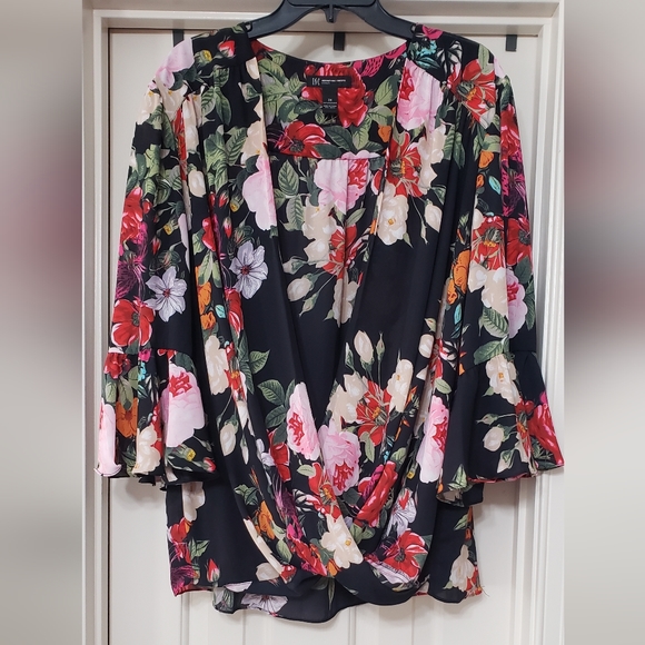 INC Wrap front blouse - Sz 3x - Floral on Black background - Picture 2 of 4